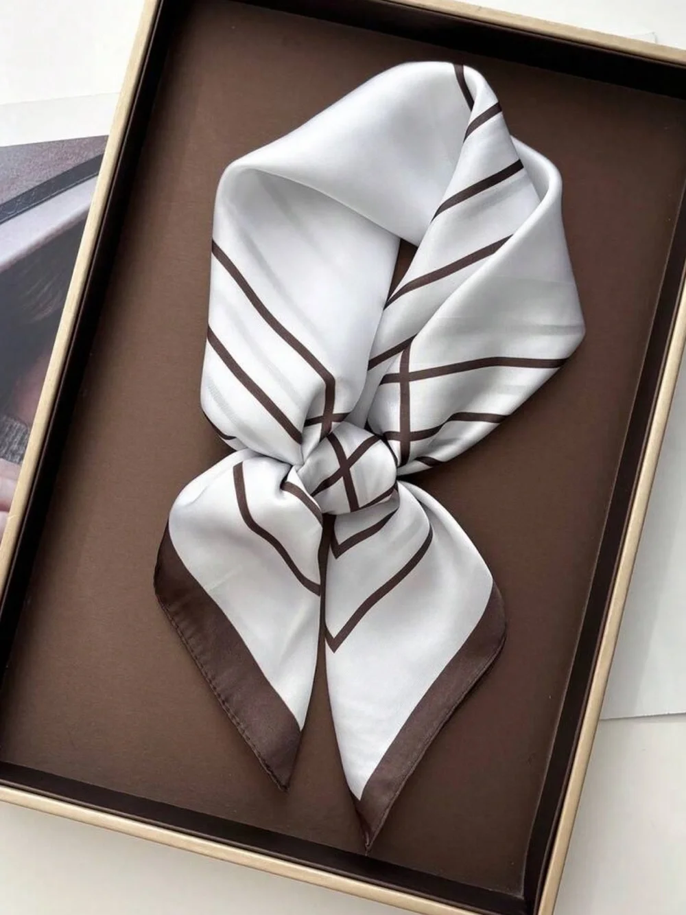 White with Brown Stripes Neck Scarf | 27.5”